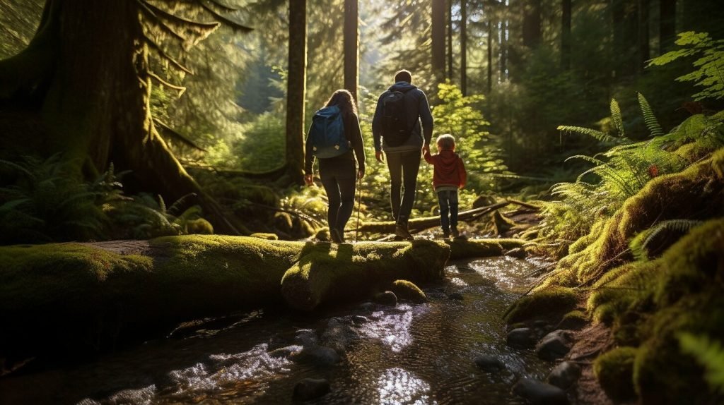 Family hiking in the woods