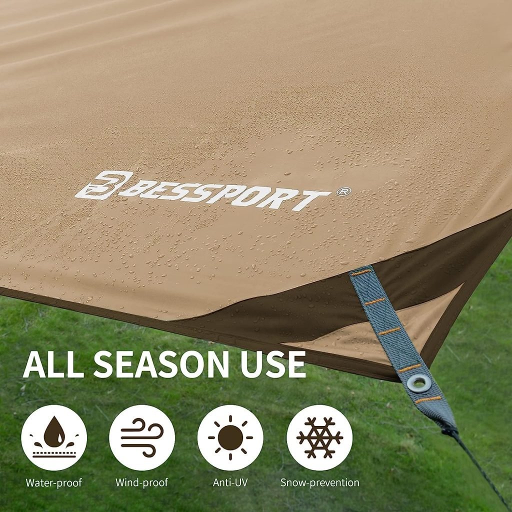 Bessport Camping Tarp, 16Ã9.8FT Tarp with 2 Poles, Lightweight Car Awning Sunshade, Portable Multifunctional Backpacking Tarp, PU 3000mm Waterproof Rain Fly Hammock Tarp for Outdoor,Traveling, Hilking