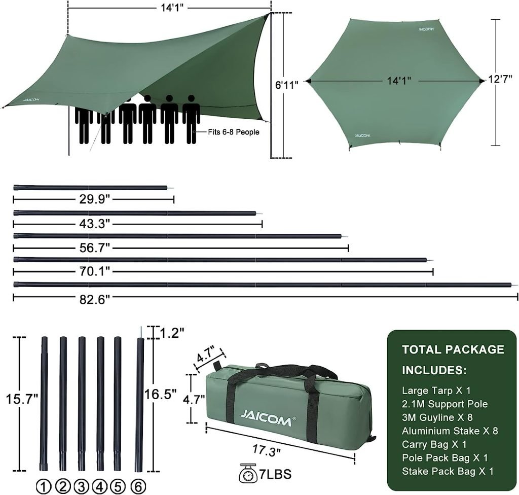 JAICOM Camping Tarp, 14 X 12FT Tarp with 2 Poles, Waterproof Lightweight Tent Tarp Car Awning, UV UPF50+ Rain Fly Sun Shelter Can Used with Hammock in Outdoor, Garden and Backpacking