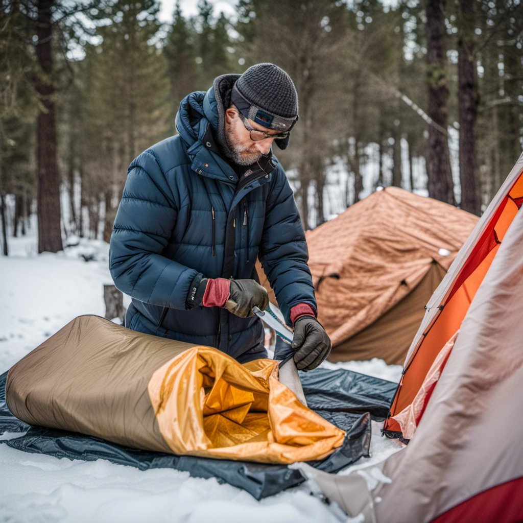 A Man Insulating Tent for Winter Camping